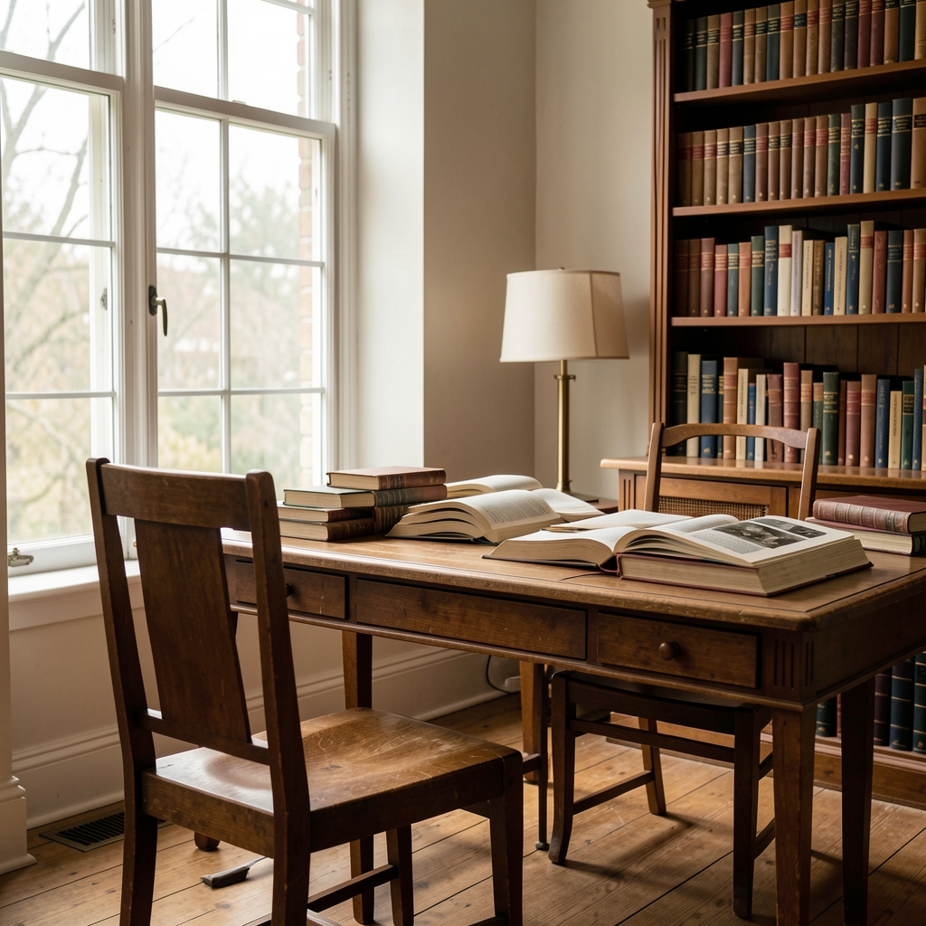 Calm indoor study with natural light coming through a tall window, a wooden chair and desk covered in open books, conveying depth of thought and scholarly atmosphere