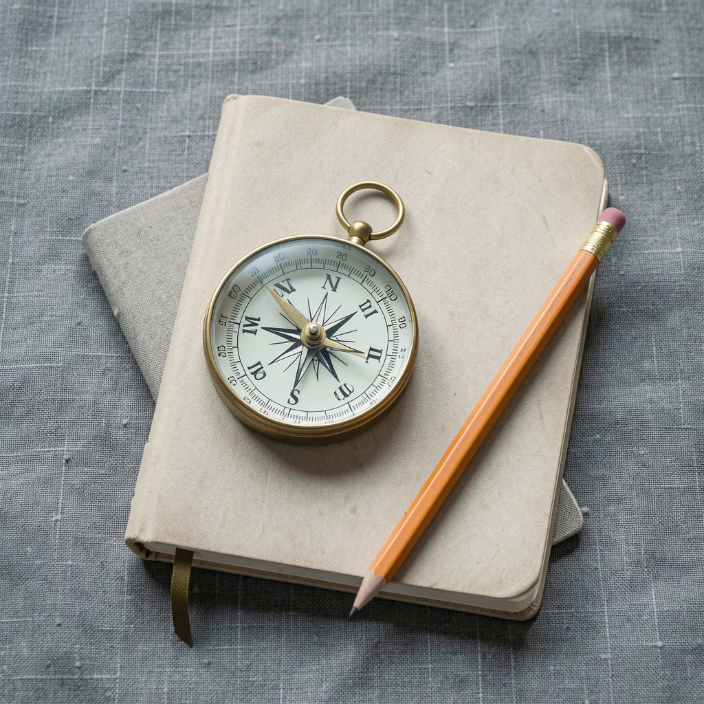 Minimal flat lay of a compass, notebook and pencil on a grey linen surface, representing structured thinking and orientation