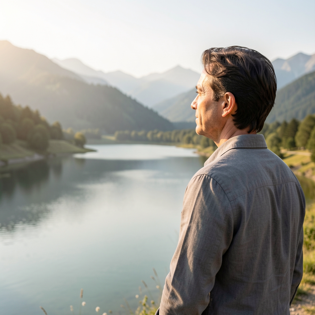 A person looking at a serene landscape, symbolizing clarity of mind and well-being.