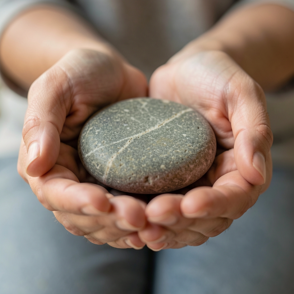Calm hands holding a smooth stone, symbolizing stress reduction and mental peace.