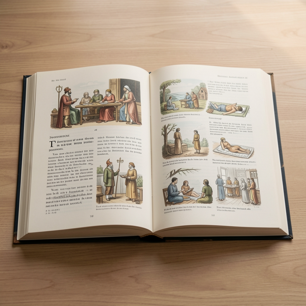 An open book with historical illustrations, signifying a journey through past wellness approaches.