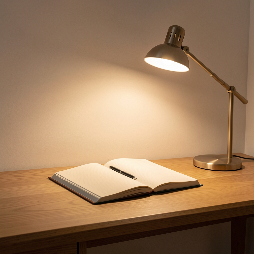 Warm-lit minimalist study space with a wooden desk, an open notebook and a single directional lamp casting focused light on the work surface