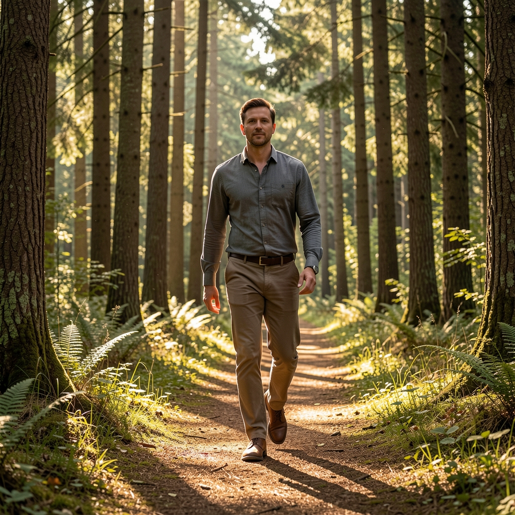 Man walking purposefully along a sunlit forest trail with dappled light filtering through tall trees, conveying movement and calm focus