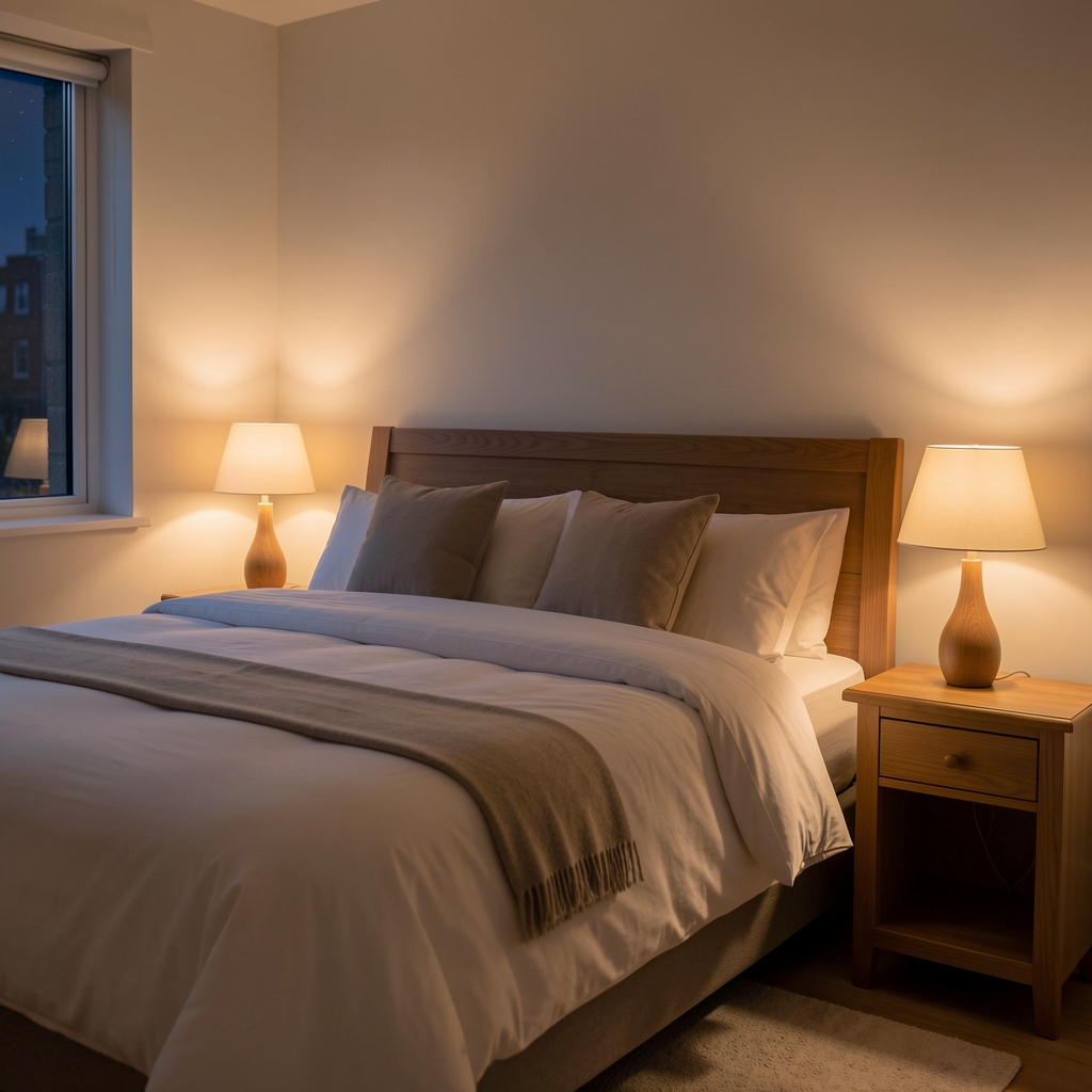 Serene bedroom interior at night with soft warm lamp light illuminating a neatly made bed and wooden bedside table, atmosphere of restful quiet